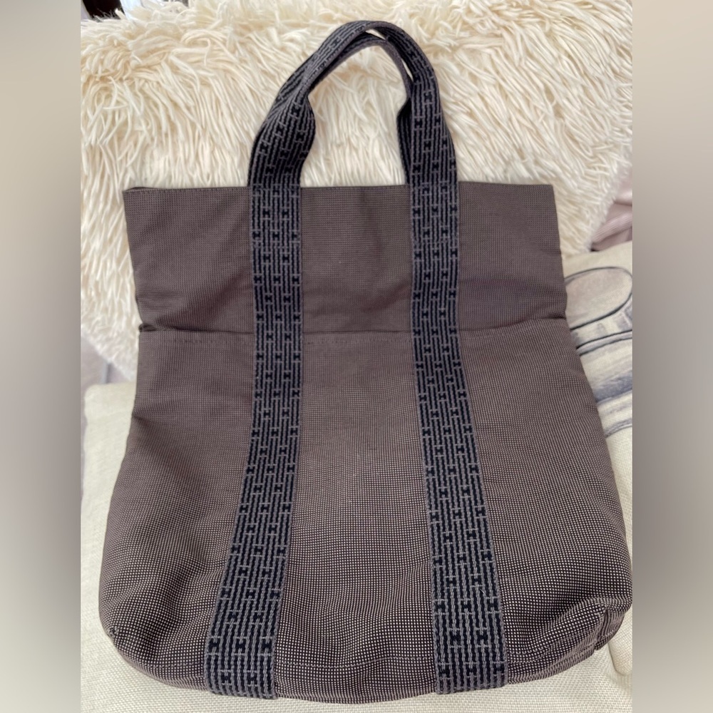 ⭐️COA⭐️ HERMES PARIS HERLINE CABAS H LOGO WOVEN UNISEX TOTE blk/gray